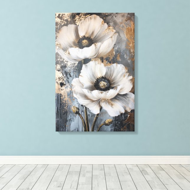 Arte de pared floral blanco elegante con acentos d (Insitu (piso de madera))