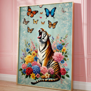 Arte de pared floral caprichoso de tigre y maripos