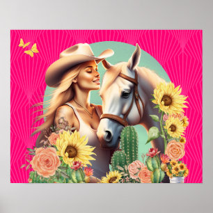 Arte de pared floral vaquera rosa caliente