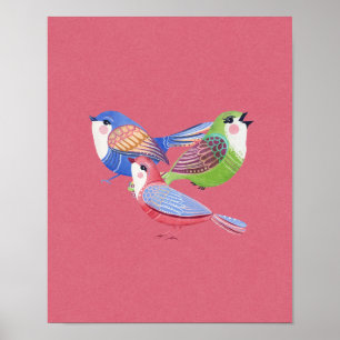 Arte de Pared Folk Arte Pájaros Rojo Azul Verde