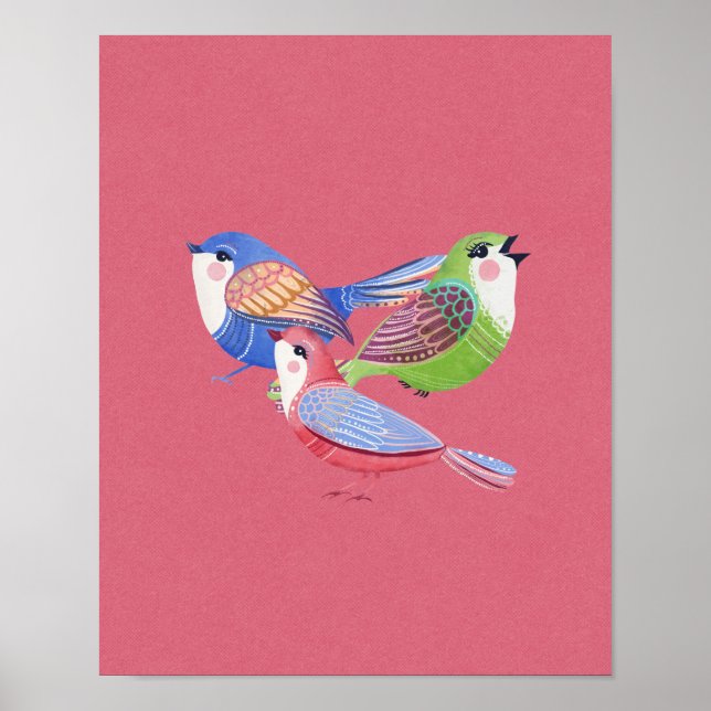 Arte de Pared Folk Arte Pájaros Rojo Azul Verde (Frente)