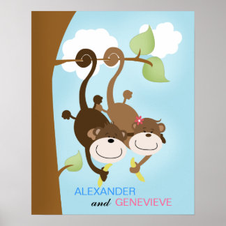 ARTE DE PARED IMPRESO DE MONOS NIÑO Y NIÑA 40x50cm