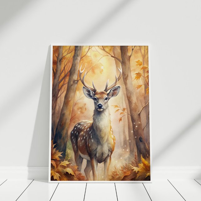 Arte de pared inspirado en la naturaleza – Ciervo  (Woodland Deer Autumn – Nature-Inspired Wall Art in a white wooden frame)