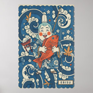 Arte de pared japonés Ebisu Dios sonriente con pes