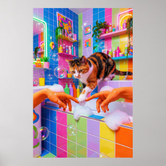 Arte de pared maximalista para baño, gato calicó