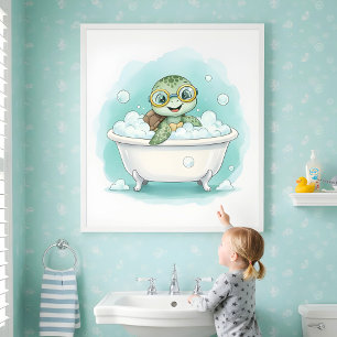 Arte de pared para baño de niños Tortuga Salpica y