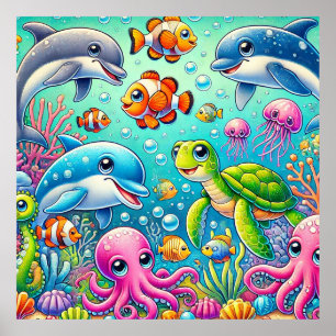 Arte de Pared para Niños de Animales Marinos Escen