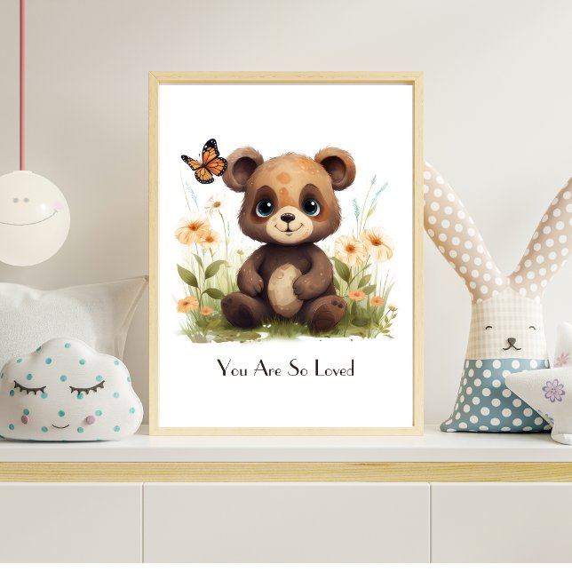 Arte de pared personalizado de acuarela de osito d (Personalized Baby Bear with Butterflies and Flowers Nursery Wall Art Poster)