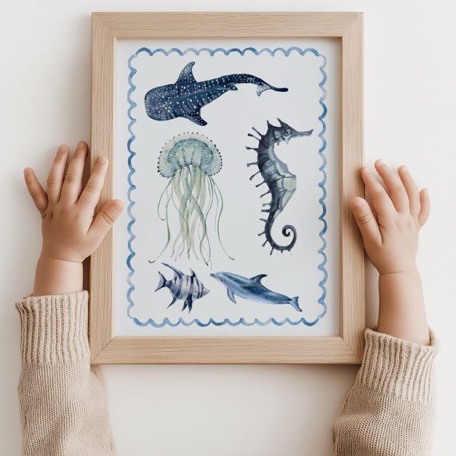 Arte de Pared Poster de Guardería del Océano Vida  (Sea Life Ocean seahorse jellyfish Nursery Blue Wall Art Poster )