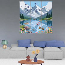 Arte de pared tríptico de lago de montaña moderno