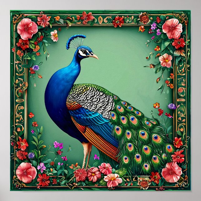 Arte de Pavo Real Elegante para Pared | Ave Floral (Frente)