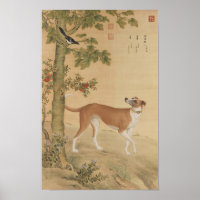 Arte de perro galgo chino vintage y pájaro