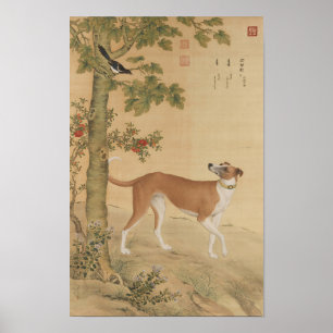 Arte de perro galgo chino vintage y pájaro