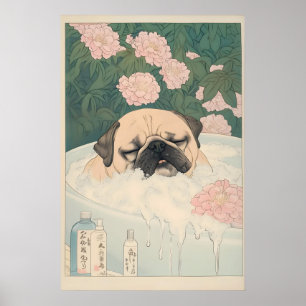Arte de perro Pug Baño Imprimir Kawaii Japandi Uki