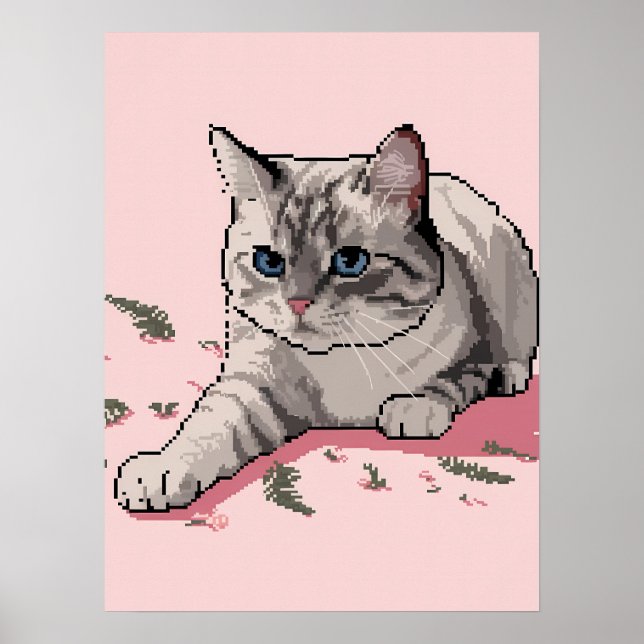 Arte de Pixel de Gato Gray Ragdoll con ojos azules (Frente)