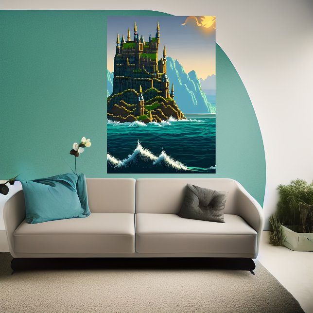 Arte de píxeles, castillo sobre roca en el mar | A (Subido por el creador)