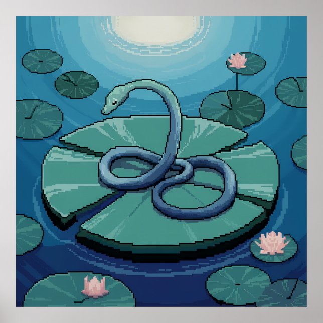 Arte de píxeles Serpiente azul en hoja de nenúfar (Frente)