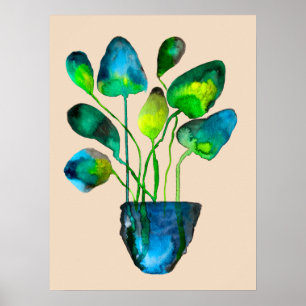 Arte de planta acuarela abstracto verde y azul