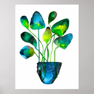 Arte de planta acuarela abstracto verde y azul