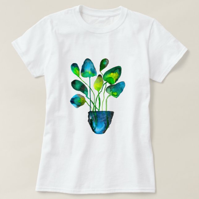 Arte de planta en acuarela verde y azul Camiseta a (Diseño del anverso)