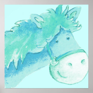 Arte de poni para niños en acuarela y verde impres