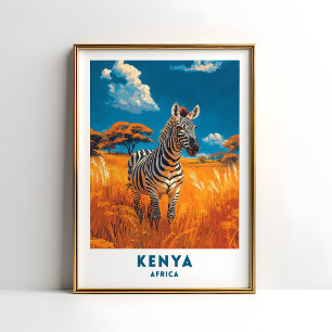Arte de póster de viaje de safari de cebra de Keni