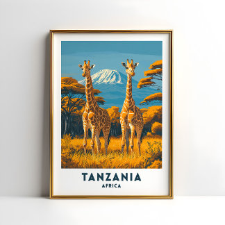 Arte de póster de viaje de safari de jirafa de Tan