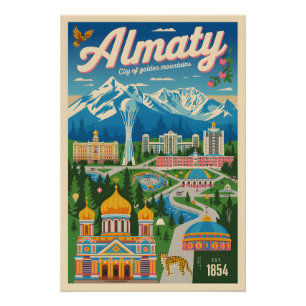 Arte de póster de viaje retro de Almaty Kazajistán