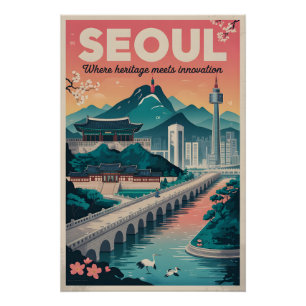 Arte de Póster de Viaje Retro de Seúl Corea del Su