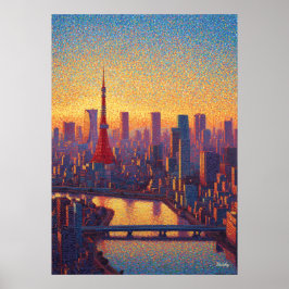 Arte de puesta de sol de la silueta de Tokio en pu
