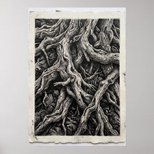 Arte de raíces de árbol en blanco y negro