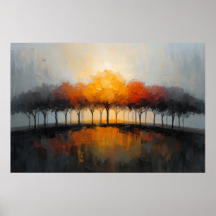 Arte de reflejos de árboles de otoño en puesta de