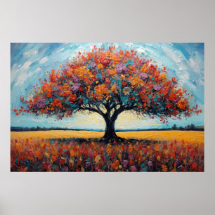 Arte de roble otoñal vibrante con cielo turquesa