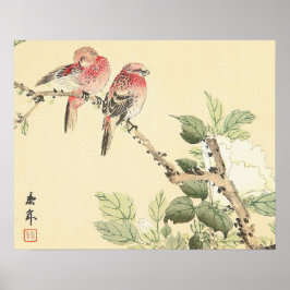 Arte de rojas y aves florales japonesas