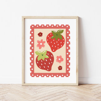 Arte de sello postal de fresa coquette dibujado a 