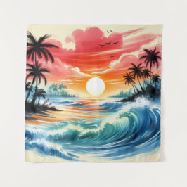 Arte de Tapiz Puesta de Sol Olas del Océano Playa 
