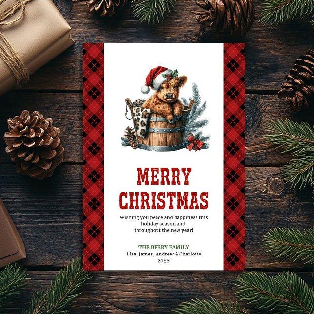 Arte de tarjeta de Navidad con vaca de las tierras (Highland cow  Christmas greeting card,
Country Classic farmhouse cottagecore,
Rustic watercolor red )