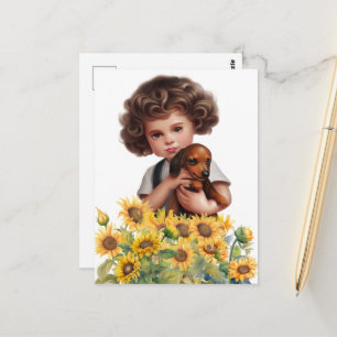 Arte de tarjeta postal de niño sosteniendo dachshu
