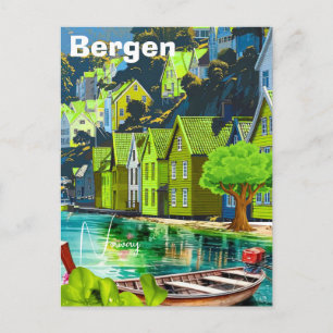 Arte de tarjeta postal de viaje a Bergen Noruega, 