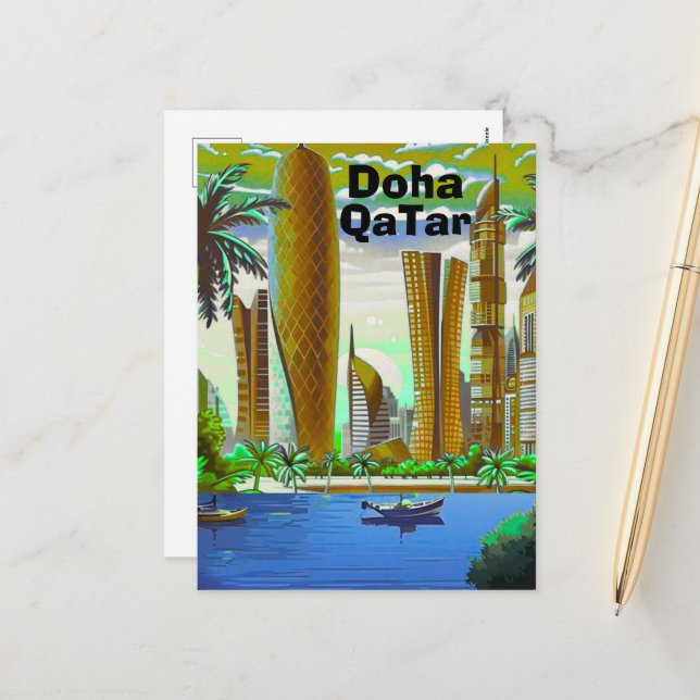 Arte de tarjeta postal de viaje de Doha, horizonte (Anverso/Reverso In Situ)
