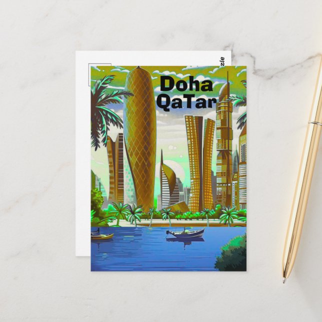 Arte de tarjeta postal de viaje de Doha, horizonte (Anverso/Reverso In Situ)