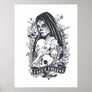 Arte de tatuaje de mujer calavera azucarada gótica