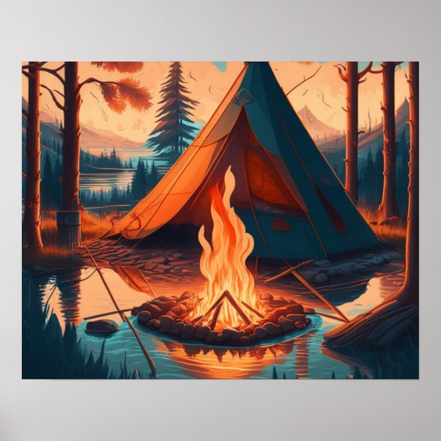 Arte de Tent and Campfire de colores antiguos (Frente)