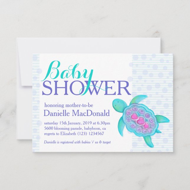 Arte de tortuga ducha de bebé aqua invitaciones pú (Anverso)