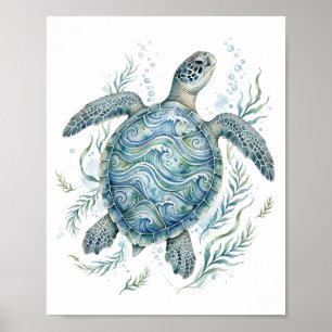 Arte de Tortuga Marina Acuarela Olas Océano Vida M