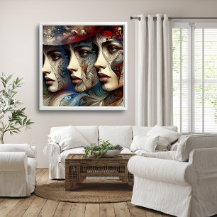 Arte de tres rostros femeninos elegantes de perfil
