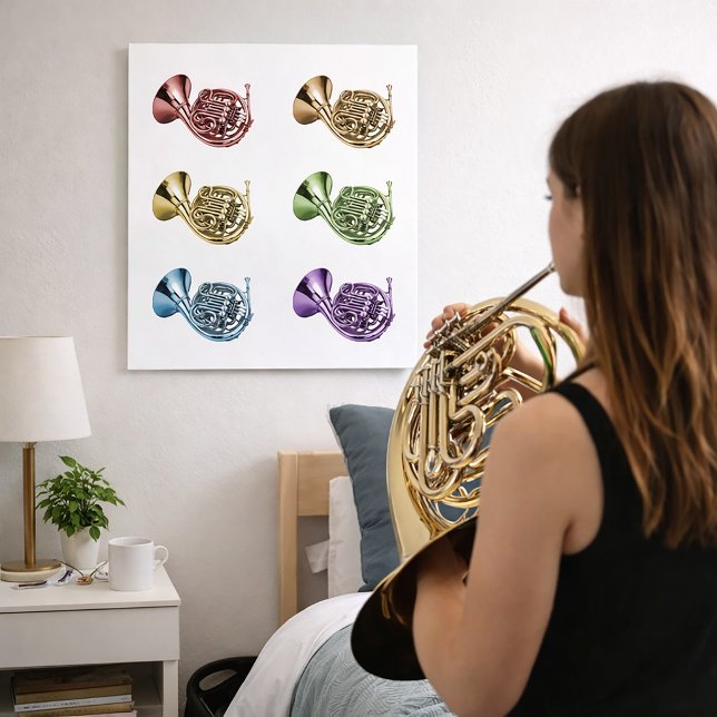 Arte de Trompa Francesa de Cuerno de Arcoíris de L (A poster featuring red, orange, yellow, green, blue and purple french horns.)