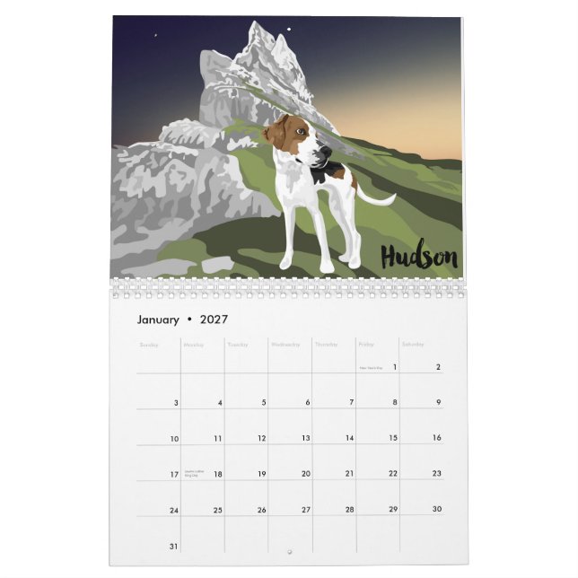 Arte de un Calendario de Coonhound 2021 (Jan 2027)