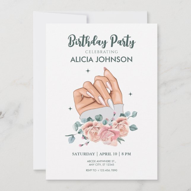 Arte de uñas brillantes Invitación de cumpleaños (Anverso)