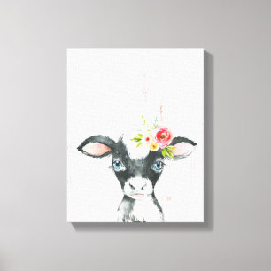 Arte de vaca floral en acuarela en blanco y negro